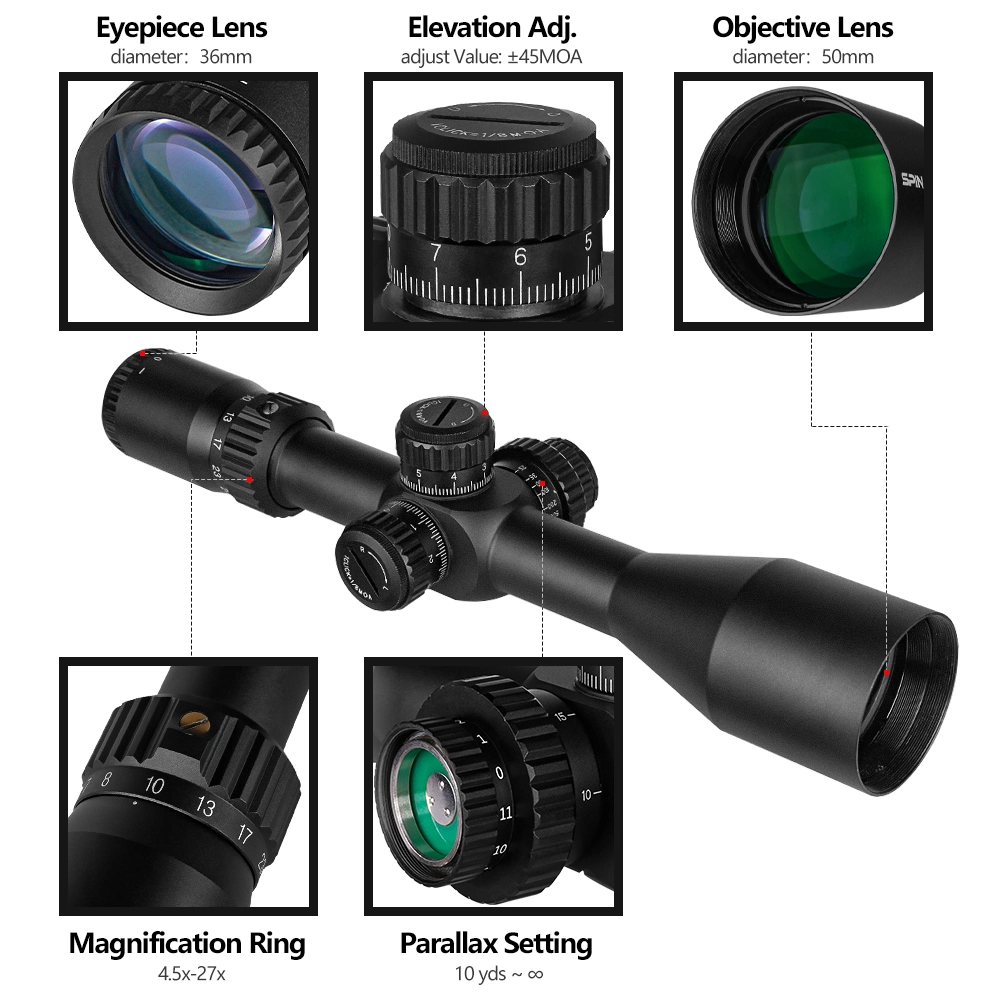 Sample Customization Spina Optics 4.5-27X50 Ffp Hunting Riflescopes First Focal Plane Scopes Tactical Scope Glass IR-Mil Reticle Optical Sights