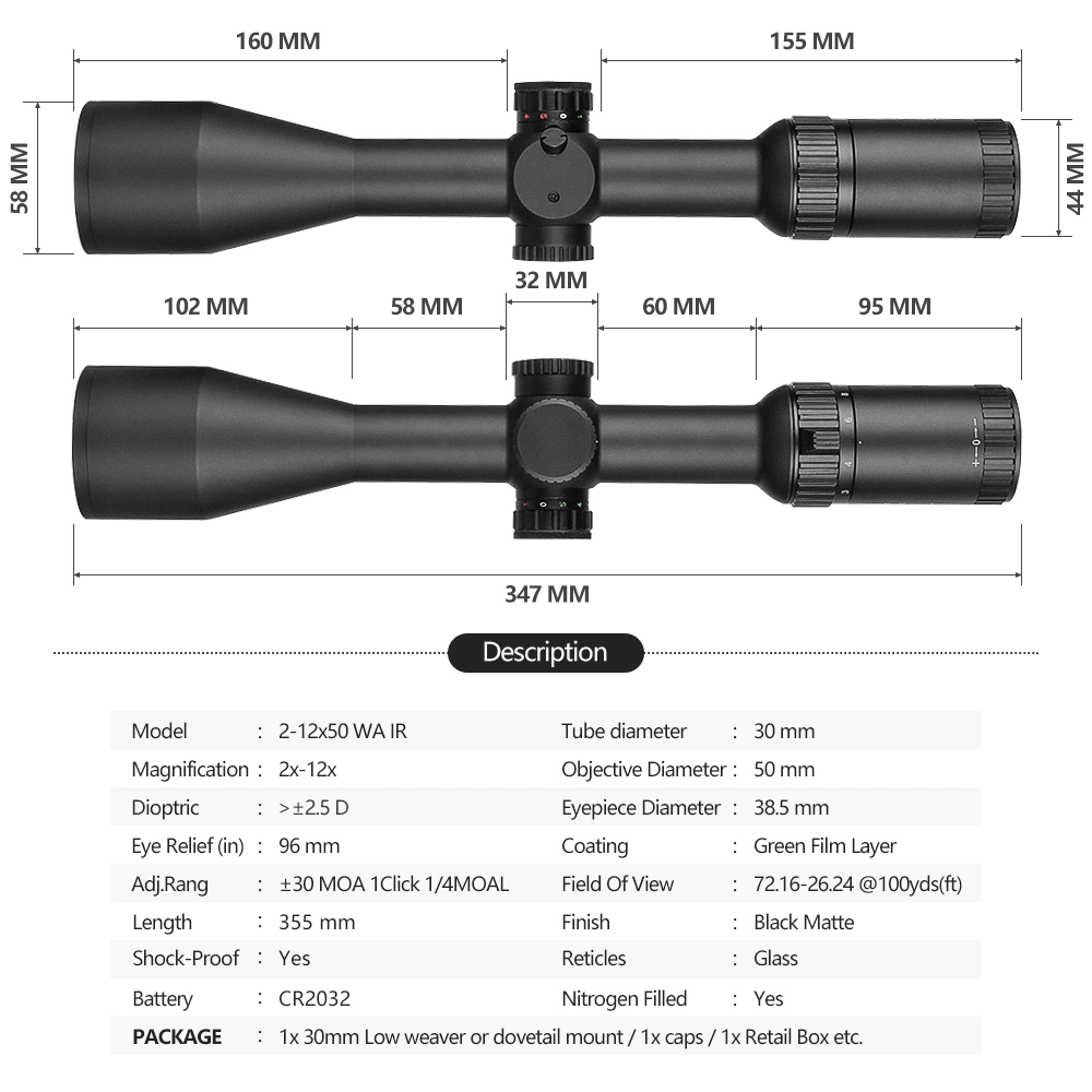 Spina Opticse Tactical 2-12X50 Wa IR Wide Angle Clear View Scope with Center DOT Illuminated Hunting Riflescope Fit Low Light